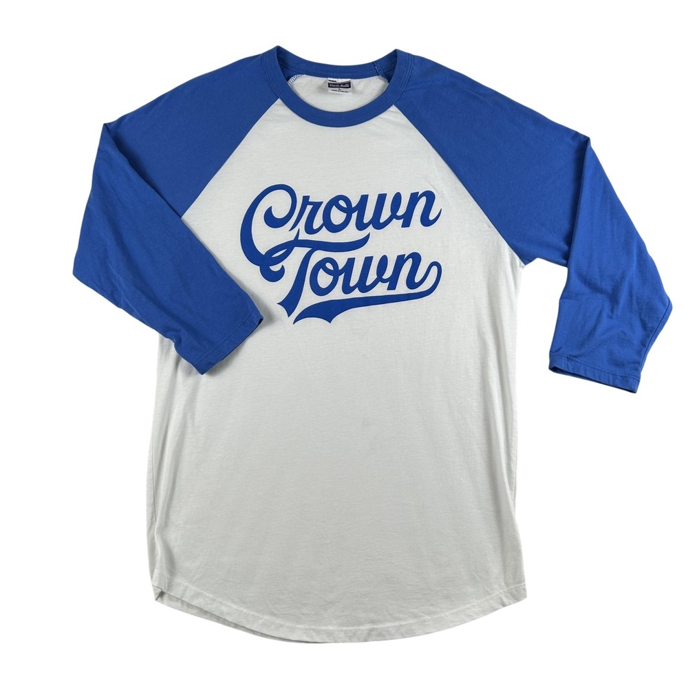 Charlie Hustle Crown Town Shirt Mens Large Blue White 3/4 Sleeve Raglan USA Made